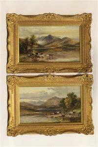 Mountain Scene With Cattle Watering In The Foreground (pair) by William Langley