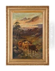 The Herd At Sunset (+ Highland Cattle And Drovers By A Highland Loch; 2 Works) by William Langley