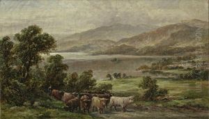 A Drover With Highland Cattle In Front Of A Loch (+ Highland Cattle In A Loch; Pair)