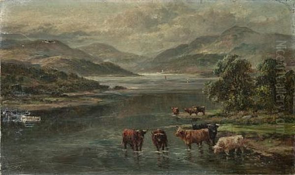 A Drover With Highland Cattle In Front Of A Loch (+ Highland Cattle In A Loch; Pair) - view 1