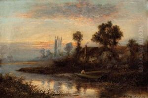 Abend Uber Englischer Flusslandschaft Mit Cottage, Im Hintergrund Eine Dorfkirche by William Langley