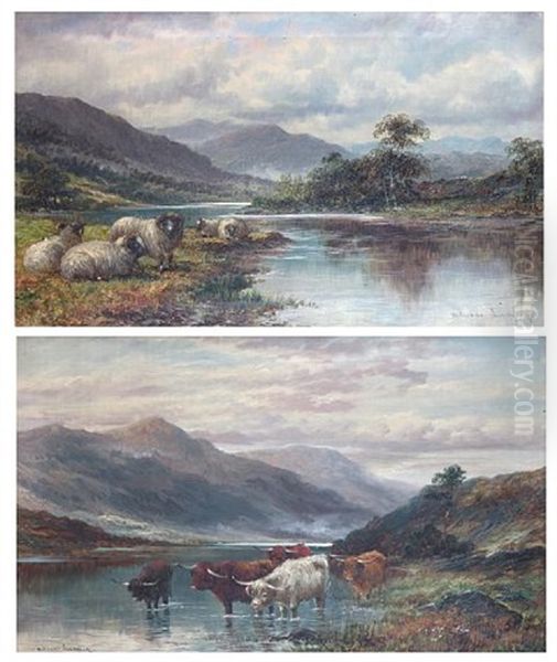 Highland Cattle Watering At The Riverside (+ Sheep At The Waters Edge; Pair) - view 1