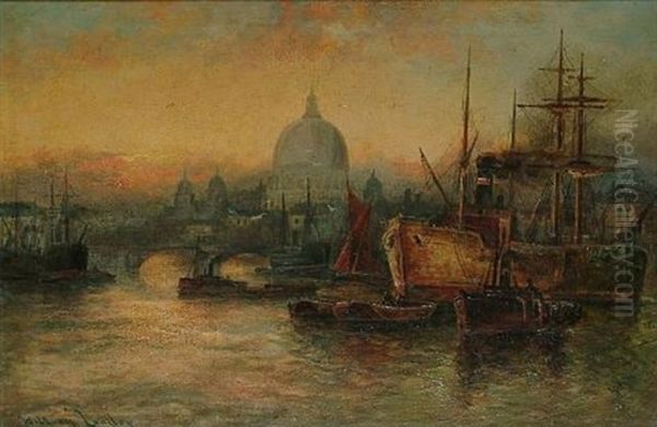 A Busy Thames Scene With St. Paul's Beyond (+ Shipping On The Thames; Pair) - view 1