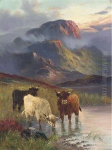 Cattle Watering, Sunset (+ Cattle Grazing, 1919; Pair) by William Langley