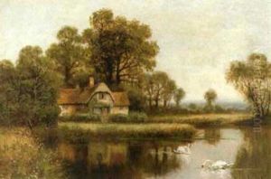 Swans By A Cottage by William Langley