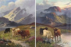 Cattle Watering, Sunset (+ Cattle Grazing, 1919; Pair) by William Langley