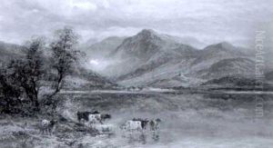 Highland Landscape With Cattle Watering Highland Landscape With Cattle Watering
