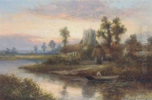 A Figure Punting By A Riverside Hamlet At Dusk