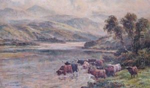 Cattle In Highland Landscape by William Langley
