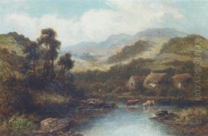 Cattle Watering In A Mountainous Lake Landscape by William Langley