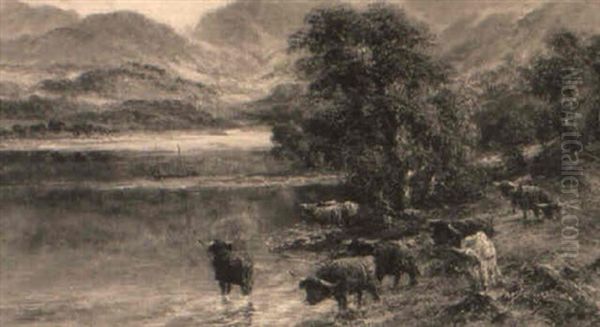 Cattle Watering In A Mountainous Landscape - view 1