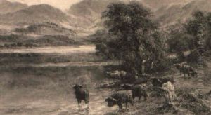 Cattle Watering In A Mountainous Landscape by William Langley