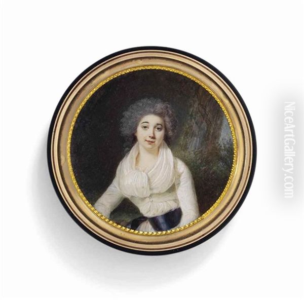 A Young Lady, In White Dress With Purple Sash, Seated In A Woodland - view 1