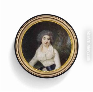 A Young Lady, In White Dress With Purple Sash, Seated In A Woodland