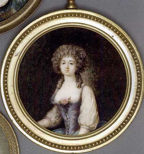 Comtesse De Montillet In A Forest, In Laced, Purple Bodice With Lace Underdress With White Sleeves, Blue Skirt, Pink Rose And Foliage Pinned At Corsage, Long Drop Earrings - view 1