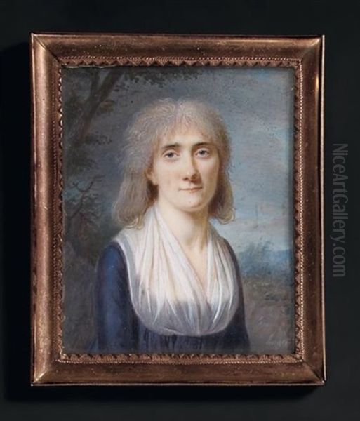Portrait De Madame Poupard En Robe De Soie Bleue Et Voile De Dentelle Blanc Vue Dans Un Paysage - view 1