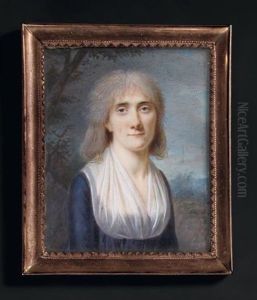 Portrait De Madame Poupard En Robe De Soie Bleue Et Voile De Dentelle Blanc Vue Dans Un Paysage