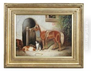 A Chestnut Pony With Spaniels By A Stable Door