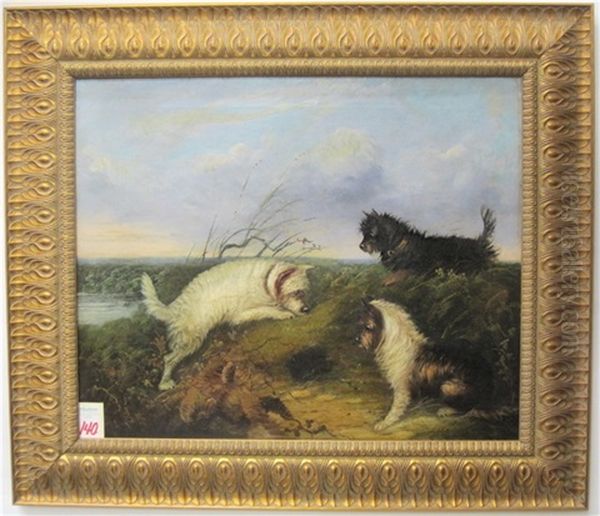 Three Terriers Waiting At A Rabbit Hole - view 1