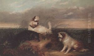 Spaniels Flushing Out A Pheasant by J. Langlois
