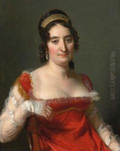 Portrait Of A Lady, Half-length Seated, Dressed In A Red Dress With Tulle Sleeves And Gold Trim And Wearing A Tiara