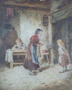 Cottage Interior With Old Lady Making Pancakes