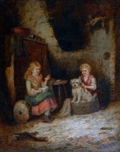 Children With Birds Nest And Children In An Interior With A Dog (pair) by Mark William Langlois