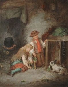 Two Children Feeding A Rabbit Two Children Feeding A Rabbit