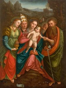 Madonna And Child With Saints In A Landscape by Bernardino Lanino