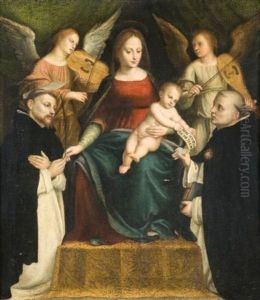 La Vierge Et L'enfant En Trone Entre Deux Anges Musiciens, Saint Pierre Martyr Et Saint Thomas D'aquin by Bernardino Lanino
