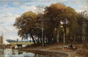 Berger Au Bord De La Riviere Et Moulin A Vent by Felix-Hippolyte Lanoue