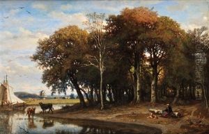 Bergere Et Son Troupeau by Felix-Hippolyte Lanoue