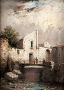 Paysages En Bord De Riviere (+ Another; Pair) by Felix-Hippolyte Lanoue