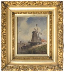 Dutch Harbor Scene With Windmills by Walter Franklin Lansil