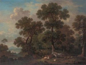 A Wooded Landscape With A Shepherd And Cattle, Sheep, And A Horse By A River