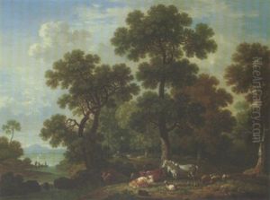 A Wooded Landscape With Cattle, Sheep And Horses Resting On The Banks Of A River, A Lake Beyond