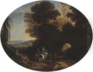 A Wooded Landscape With Figures On Horseback And A Shepherd By A Grotto