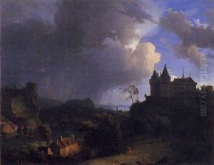 Scene D'orage Dans Un Paysage Avec Un Lac Et Un Chateau