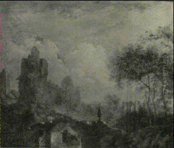 Paysage Au Pont Avec Les Ruines D'une Forteresse - view 1