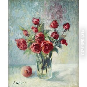 Still Life With Vase Of Roses And Fruit by Georgi Alexandrovich Lapchine