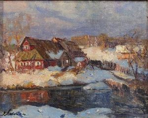 Red House Along A Snowy Waterfront Red House Along A Snowy Waterfront