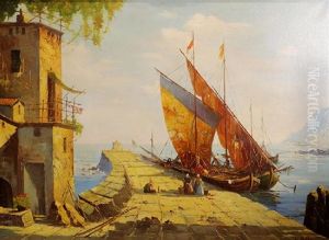 Amalfi Coast Harbor Scene With Fishing Boat And Figures by Georgi Alexandrovich Lapchine