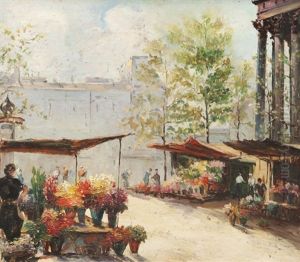 Le Marche Aux Fleurs Place De La Madeleine A Paris by Georgi Alexandrovich Lapchine