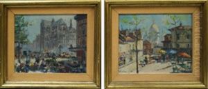 View Of Place Du Tertre And Sacre Coeur, Paris And A Busy Parisian Street Scene (pair) by Georgi Alexandrovich Lapchine