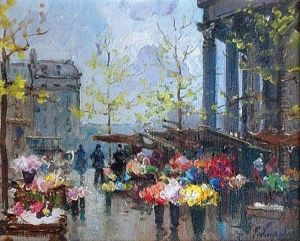 Le Marche Aux Fleurs A La Madeleine by Georgi Alexandrovich Lapchine