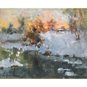 Paysage D'hiver Au Soleil Couchant by Georgi Alexandrovich Lapchine