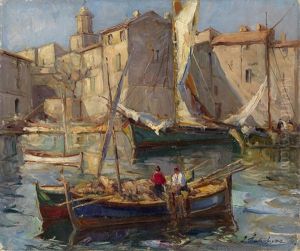 Fishing Boats In The Harbor by Georgi Alexandrovich Lapchine