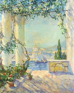 Mediterrane Terrasse Mit Ausblick Auf Das Mittelmeer by Georgi Alexandrovich Lapchine
