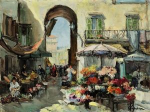 A Flower Market In Nice by Georgi Alexandrovich Lapchine