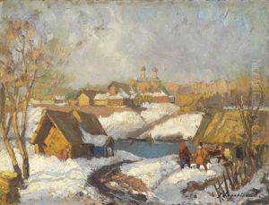 Russiches Dorf Im Schnee by Georgi Alexandrovich Lapchine